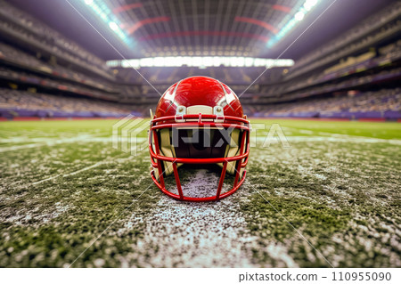 A symbolic scene of a lone football helmet resting on the 50-yard line of a large stadium, stands empty in the background, conveying a sense of quiet before the storm of a game 110955090