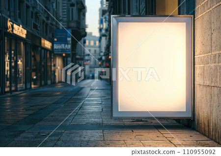 An elegant advertising template showcasing a clear, illuminated light box, perfect for displaying messages or branding, set within a simple yet stylish setting, soft lighting to enhance visibility 110955092