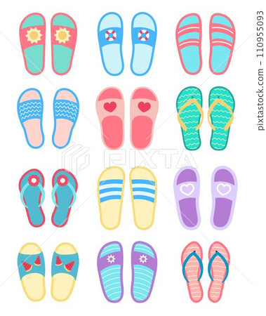 Flat design of summer flip-flops. A set of summer slippers. Vector illustration of open shoes Flat design of summer flip-flops. A set of summer slippers. Vector illustration of open shoes 110955093