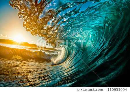 A giant wave crashes towards the camera, with the sun setting in the background. A giant wave crashes towards the camera, with the sun setting in the background. 110955094