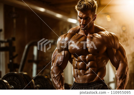 A muscular man in the gym, showcasing his abs and triceps. The background is dark, and there are two barbells in the scene. 110955095