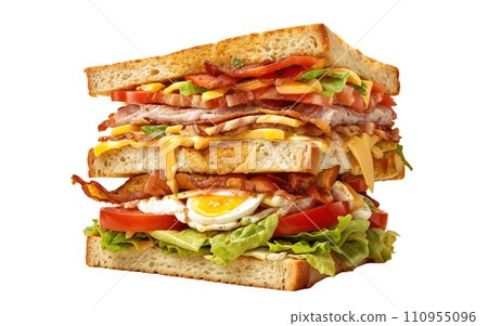 Exceptionally tall Club sandwich, featuring a ingredients layered between slices of white bread. This includes bacon, lettuce, tomato, cheese, and egg. Isolated on transparent background. Exceptionally tall Club sandwich, featuring a ingredients layered between slices of white bread. This includes bacon, lettuce, tomato, cheese, and egg. Isolated on transparent background. 110955096