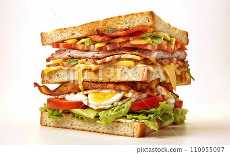 Exceptionally tall Club sandwich, featuring a ingredients layered between slices of white bread. This includes bacon, lettuce, tomato, cheese, and egg. Isolated on white background. Exceptionally tall Club sandwich, featuring a ingredients layered between slices of white bread. This includes bacon, lettuce, tomato, cheese, and egg. Isolated on white background. 110955097