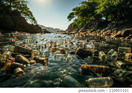 The image shows a rivers surface filled with is heavily polluted with a multitude of plastic bottles and other waste The image shows a rivers surface filled with is heavily polluted with a multitude of plastic bottles and other waste 110955101