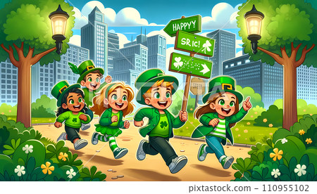 A cartoon-style drawing of a group of children in green outfits, laughing and running in a city park during a St. Patrick's Day treasure hunt. A cartoon-style drawing of a group of children in green outfits, laughing and running in a city park during a St. Patrick's Day treasure hunt. 110955102
