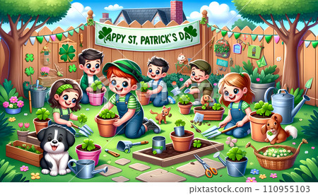 A cartoon-style drawing of a group of joyful children in a backyard garden, each planting shamrocks in colorful pots. Banner saying Happy St. Patrick's Day in the background. A cartoon-style drawing of a group of joyful children in a backyard garden, each planting shamrocks in colorful pots. Banner saying Happy St. Patrick's Day in the background. 110955103