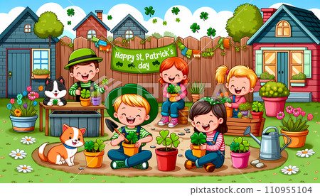 A cartoon-style drawing of a group of joyful children in a backyard garden, each planting shamrocks in colorful pots. Banner saying Happy St. Patrick's Day in the background. 110955104