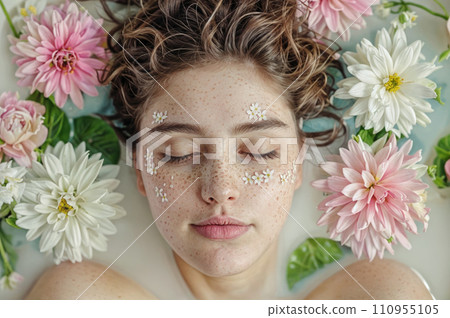 A young woman with flowers in her hair lies in a bathtub filled with milk and flowers. A young woman with flowers in her hair lies in a bathtub filled with milk and flowers. 110955105