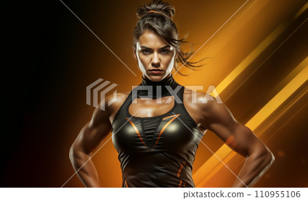 A fit woman with muscular arms, wearing a black top, standing with her hands on her hips. She is facing the camera with an orange and black background. A fit woman with muscular arms, wearing a black top, standing with her hands on her hips. She is facing the camera with an orange and black background. 110955106