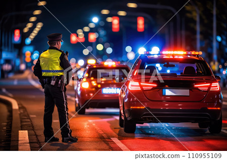 Police officers directing traffic flow and managing the aftermath of a road accident, highlighting their role in maintaining order and minimizing disruptions. 110955109