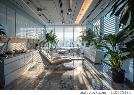 Elegant luxury dentistry clinic's interior, featuring modern, sleek dental chairs, ambient lighting, and high-end decor, creating a feeling of comfort and sophistication for patients Elegant luxury dentistry clinic's interior, featuring modern, sleek dental chairs, ambient lighting, and high-end decor, creating a feeling of comfort and sophistication for patients 110955123