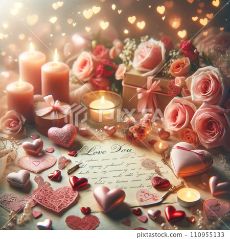 Valentine's Day romantic background featuring a soft, dreamy setting with heart-shaped decorations, delicate pink and red roses, glowing candles, and handwritten love notes, 110955133