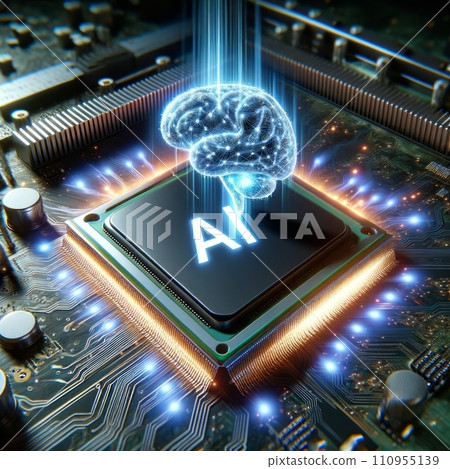 Advanced mobile microprocessor with a motherboard activates starting high tech system. AI letters and virtual brain on glowing chip. 110955139