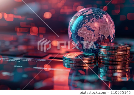 A futuristic and striking of a holographic globe, glowing with digital continents, next to a stack of physical bitcoins, symbolizing the intersection of global digital currency and technology A futuristic and striking of a holographic globe, glowing with digital continents, next to a stack of physical bitcoins, symbolizing the intersection of global digital currency and technology 110955145