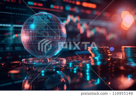 A futuristic and striking of a holographic globe, glowing with digital continents, next to a stack of physical bitcoins, symbolizing the intersection of global digital currency and technology 110955149