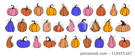 Set pumpkins, squash vector symbols illustrations. Retro 90s style pumpkins, halloween squash, fall harvest gourds. Autumn thanksgiving and halloween pumpkins collection. 110955167