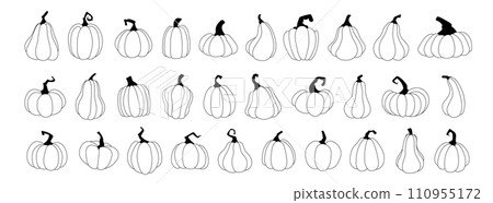 Set pumpkins, squash vector symbols illustrations. Black linear style pumpkins, halloween squash, fall harvest gourds. Autumn thanksgiving and halloween pumpkins collection. Set pumpkins, squash vector symbols illustrations. Black linear style pumpkins, halloween squash, fall harvest gourds. Autumn thanksgiving and halloween pumpkins collection. 110955172