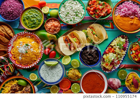A colorful and appetizing top view of Mexican festive food for Independence Day, featuring chili, cilantro, tacos, burritos, chalupas, pozole, tamales, and chicken with mole poblano sauce. A colorful and appetizing top view of Mexican festive food for Independence Day, featuring chili, cilantro, tacos, burritos, chalupas, pozole, tamales, and chicken with mole poblano sauce. 110955174