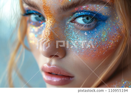 A creative and artistic eye shadow makeup look, featuring a bold and imaginative blend of colors and textures, from glittering accents to smooth mattes, applied in a unique and expressive design A creative and artistic eye shadow makeup look, featuring a bold and imaginative blend of colors and textures, from glittering accents to smooth mattes, applied in a unique and expressive design 110955194