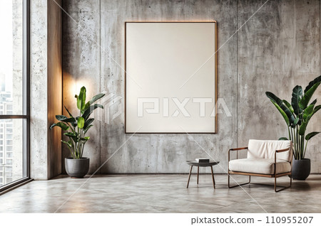 A minimalist wall mockup in a modern interior setting, a blank canvas perfect for artwork or advertising display, surrounded by sleek furniture and subtle decor, spacious and well-lit A minimalist wall mockup in a modern interior setting, a blank canvas perfect for artwork or advertising display, surrounded by sleek furniture and subtle decor, spacious and well-lit 110955207