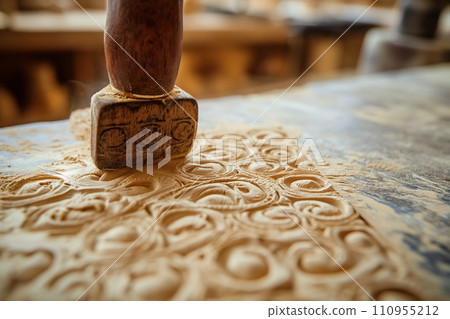 A charming scene of a hand holding a stamp, carefully pressing it into clay to create a unique design, the delicate patterns and textures emphasized, set against a backdrop of a potter's studio A charming scene of a hand holding a stamp, carefully pressing it into clay to create a unique design, the delicate patterns and textures emphasized, set against a backdrop of a potter's studio 110955212