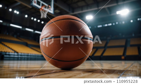 A basketball is placed on the court in front of a basketball hoop. The background is a blurred out arena with seats. The lighting is focused on the ball. 110955228