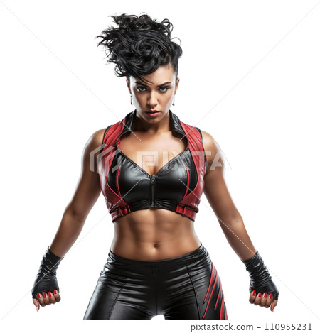 A woman with black hair styled in a mohawk, wearing a black and red top and leather gloves, poses with her arms in a fighting stance and her hands on her knees. 110955231