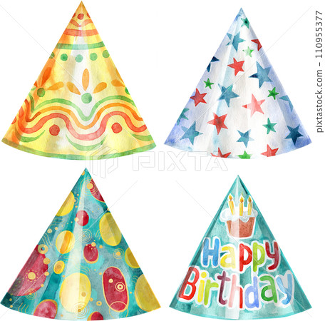 Set of Party hats. Watercolor illustration. Birthday element 110955377
