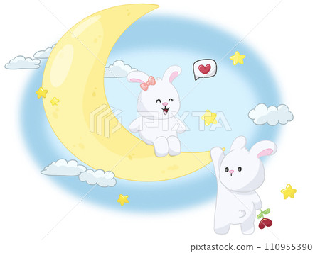 Cartoon rabbit girl sitting on the moon and rabbit boy clinging to the moon of valentine day concept Cartoon rabbit girl sitting on the moon and rabbit boy clinging to the moon of valentine day concept 110955390