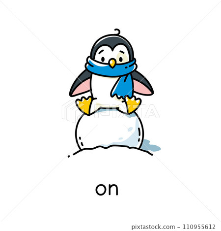 Preposition of place. Penguin on the snowball 110955612