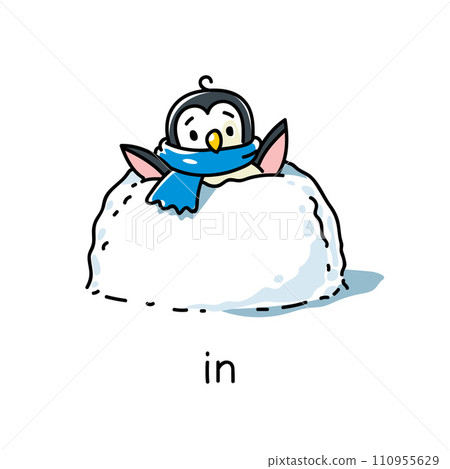 Preposition of place. Penguin in the snowdrift. 110955629