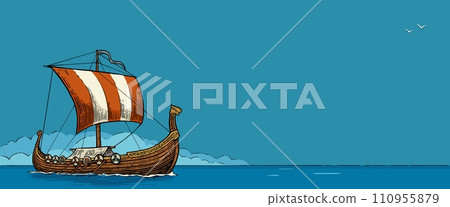Drakkar floating on the sea waves. Vintage color vector engraving 110955879