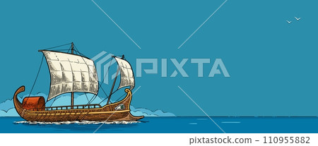Drakkar floating on the sea waves. Vintage color vector engraving 110955882