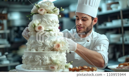 Young handsome pastry chef bakes a wedding three-tiered white cake with flowers in a bakery 110955944
