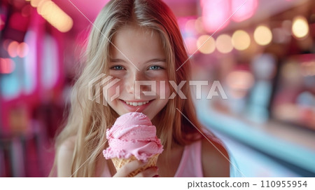 The beautiful girl has a big pink ice cream 110955954