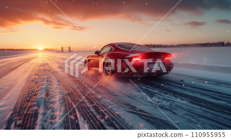 Sports car drifts on ice on a frozen lake 110955955