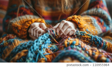 Woman knits a sweater from multi-colored threads 110955964