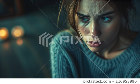 Sad upset woman crying in dark gloomy house 110955990