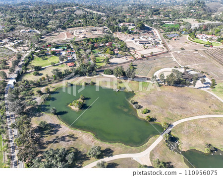Aerial view over Rancho Santa Fe green valley landscape in San Diego 110956075