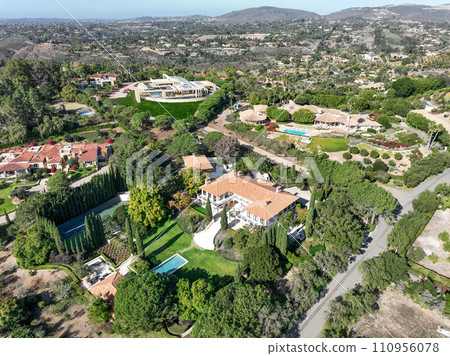 Aerial view over Rancho Santa Fe green valley landscape in San Diego 110956078