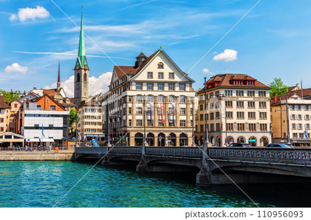 View on Rudolf Brun Bridge on River Limmat and Preacher's Church Tower of Zurich, Switzerland View on Rudolf Brun Bridge on River Limmat and Preacher's Church Tower of Zurich, Switzerland 110956093
