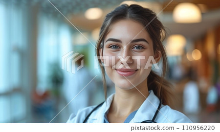 Young beautiful female doctor standing smiling looking at camera against blurred hospital background Young beautiful female doctor standing smiling looking at camera against blurred hospital background 110956220