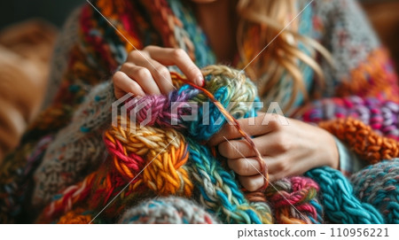 Woman knits a sweater from multi-colored threads Woman knits a sweater from multi-colored threads 110956221