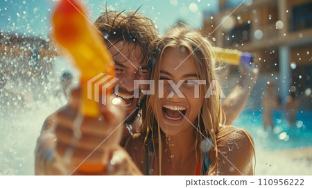 Young beautiful couple having fun playing with water pistols Young beautiful couple having fun playing with water pistols 110956222