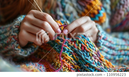 Woman knits a sweater from multi-colored threads Woman knits a sweater from multi-colored threads 110956223