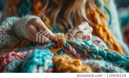 Woman knits a sweater from multi-colored threads 110956228