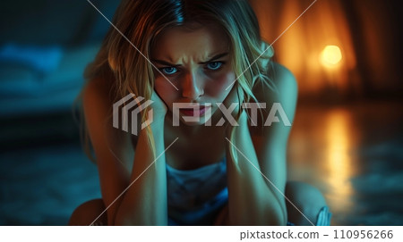 Sad upset woman crying in dark gloomy house 110956266