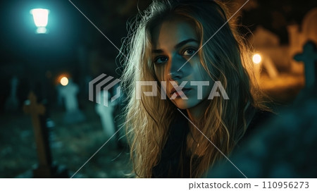 Woman with a very strong scared face in an old village cemetery at night 110956273