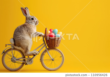 Easter bunny Riding a bike with easter eggs into a basket, on yellow background 110956426