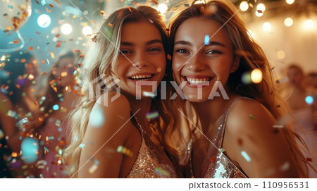 Two young beautiful girls in shiny dresses dance at a party Two young beautiful girls in shiny dresses dance at a party 110956531